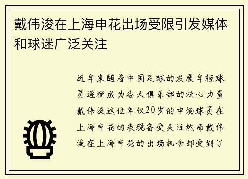 戴伟浚在上海申花出场受限引发媒体和球迷广泛关注 戴伟浚在上海申花出场受限引发媒体和球迷广泛关注